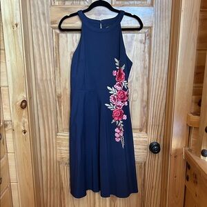 Navy Halter Dress with Pink Rose Embroidery